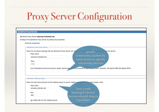 Proxy Server Configuration
how a web
meeting is started.
Servers should share a
LtpaToken
speciﬁc
community clusters by
name to use or speciﬁc
community servers
 