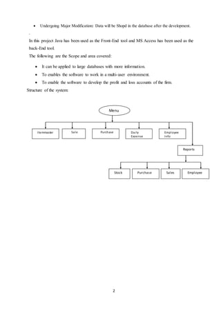 2
 Undergoing Major Modification: Data will be Shopd in the database after the development.
.
In this project Java has been used as the Front-End tool and MS Access has been used as the
back-End tool.
The following are the Scope and area covered:
 It can be applied to large databases with more information.
 To enables the software to work in a multi-user environment.
 To enable the software to develop the profit and loss accounts of the firm.
Structure of the system:
Menu
Sale Purchase Daily
Expense
Employee
Info
Itemmaster
Reports
Stock Purchase EmployeeSales
 
