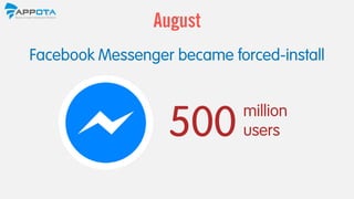 500
Facebook Messenger became forced-install
August
million
users
 