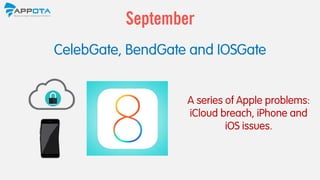 CelebGate, BendGate and IOSGate
September
A series of Apple problems:
iCloud breach, iPhone and
iOS issues.
 