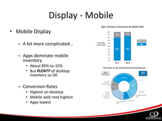 Display - Mobile
• Mobile Display
– A bit more complicated…
– Apps dominate mobile
inventory
• About 85%-to-15%
• But PLENTY of desktop
inventory so OK
– Conversion Rates
• Highest on desktop
• Mobile web next highest
• Apps lowest
 