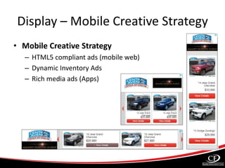 Display – Mobile Creative Strategy
• Mobile Creative Strategy
– HTML5 compliant ads (mobile web)
– Dynamic Inventory Ads
– Rich media ads (Apps)
 