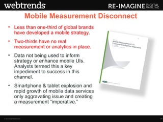 Mobile Measurement Disconnect
    • Less than one-third of global brands
      have developed a mobile strategy.
    • Two-thirds have no real
      measurement or analytics in place.
    • Data not being used to inform
      strategy or enhance mobile UIs.
      Analysts termed this a key
      impediment to success in this
      channel.
    • Smartphone & tablet explosion and
      rapid growth of mobile data services
      only aggravating issue and creating
      a measurement “imperative.”                                                                            @MobileNTRactv



                                    Sources: “Mobile Measurement is a Customer Intelligence Imperative” April 2011 Forrester Research
                                                             “How Mature is your Mobile Strategy?” October 2010 Forrester Research


© 2013 WEBTRENDS INC.                                                                                                                   21
 
