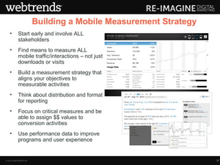 Building a Mobile Measurement Strategy
   •       Start early and involve ALL
           stakeholders
   •       Find means to measure ALL
           mobile traffic/interactions – not just
           downloads or visits
                                                    Usage Rate

   •       Build a measurement strategy that
           aligns your objectives to
           measurable activities
   •       Think about distribution and format
           for reporting
   •       Focus on critical measures and be
           able to assign $$ values to
           conversion activities
   •       Use performance data to improve
           programs and user experience


© 2013 WEBTRENDS INC.                                            27
 