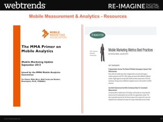 Mobile Measurement & Analytics - Resources




                        The MMA Primer on
                        Mobile Analytics

                        Mobile Marketing Update
                        September 2012

                        Issued by the MMA Mobile Analytics
                        Committee

                        Co- Chairs: Mik e Ricci, WebTrends and Anders
                        Rosenquist, Ph.D., POSSIBLE




© 2013 WEBTRENDS INC.                                                        37
 