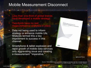 Mobile Measurement Disconnect

           •  Less than one-third of global brands
              have developed a mobile strategy.
           •  Two-thirds have no real
              measurement or analytics in place.
           •  Data not being used to inform
              strategy or enhance mobile UIs.
              Analysts termed this a key
              impediment to success in this
              channel.
           •  Smartphone & tablet explosion and
              rapid growth of mobile data services
              only aggravating issue and creating
              a measurement “imperative.”
                                                                                                                 @MobileNTRactv



                                         Sources: “Mobile Measurement is a Customer Intelligence Imperative” April 2011 Forrester Research
                                                                  “How Mature is your Mobile Strategy?” October 2010 Forrester Research


© 2012 Webtrends, All Rights Reserved.                                                                                              | 13
 