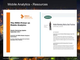 Mobile Analytics - Resources




                 The MMA Primer on
                 Mobile Analytics

                 Mobile Marketing Update
                 September 2012

                 Issued by the MMA Mobile Analytics
                 Committee

                 Co-Chairs: Mike Ricci, WebTrends and Anders
                 Rosenquist, Ph.D., POSSIBLE




© 2012 Webtrends, All Rights Reserved.                         | 32
 