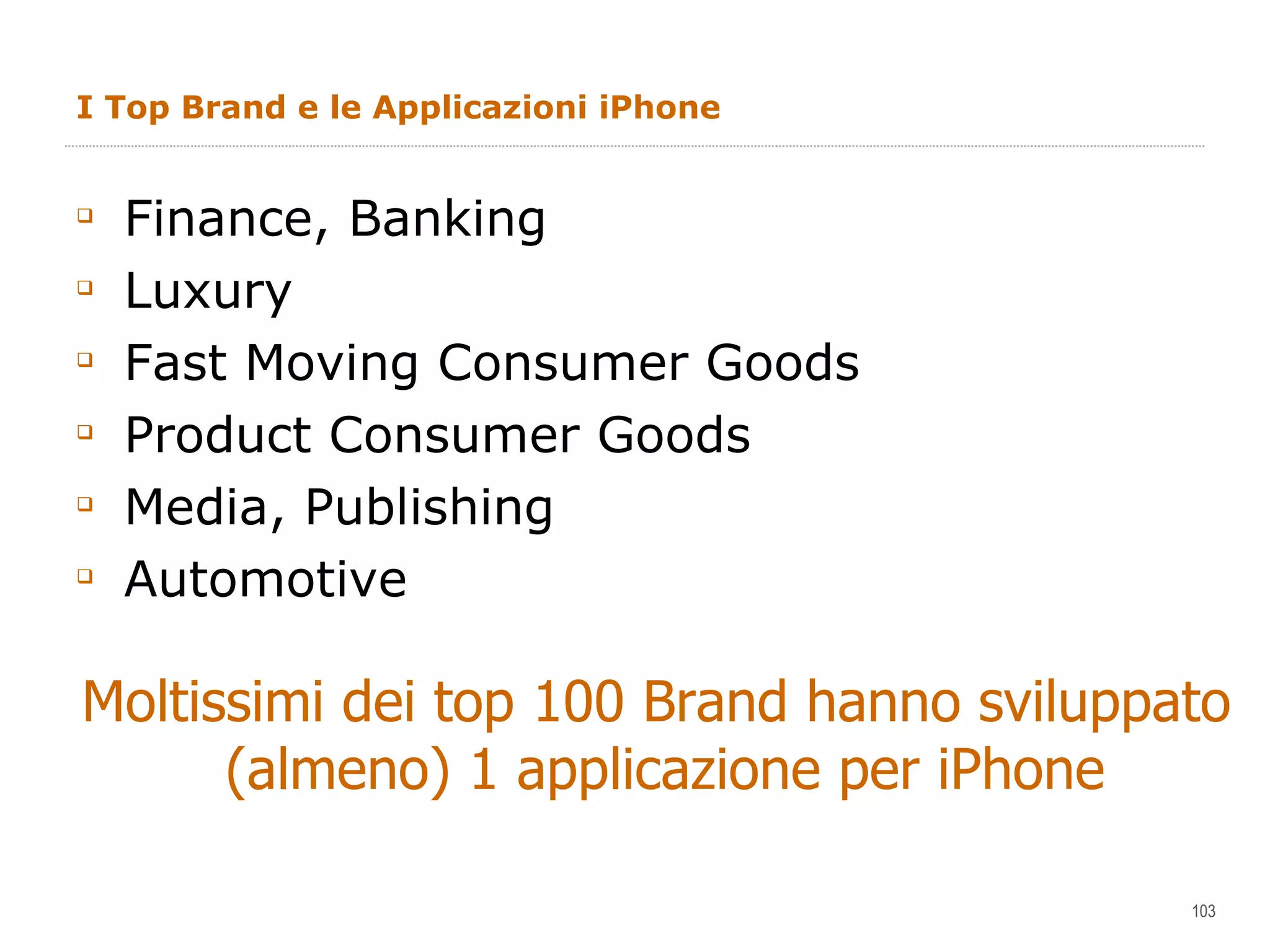 I Top Brand e le Applicazioni iPhone Finance, Banking Luxury Fast Moving Consumer Goods Product Consumer Goods Media, Publishing Automotive Moltissimi dei top 100 Brand hanno sviluppato (almeno) 1 applicazione per iPhone 