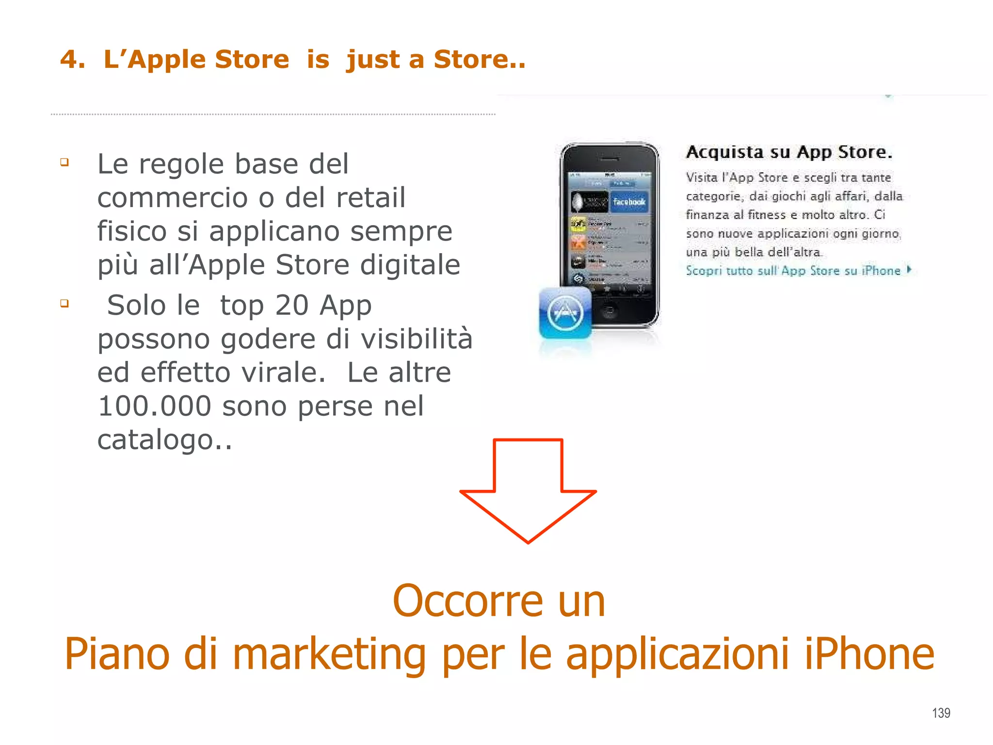 4.  L’Apple Store  is  just a Store.. Le regole base del commercio o del retail  fisico si applicano sempre  più all’Apple Store digitale Solo le  top 20 App possono godere di visibilità ed effetto virale.  Le altre 100.000 sono perse nel catalogo.. Occorre un  Piano di marketing per le applicazioni iPhone 