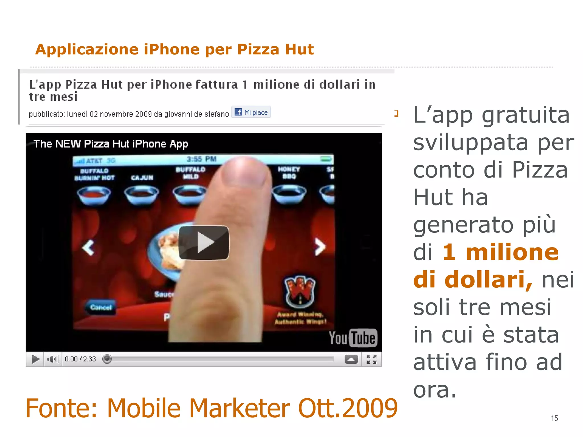 Applicazione iPhone per Pizza Hut L’app gratuita sviluppata per conto di Pizza Hut ha generato più di  1 milione di dollari,  nei soli tre mesi in cui è stata attiva fino ad ora. Fonte: Mobile Marketer Ott.2009 