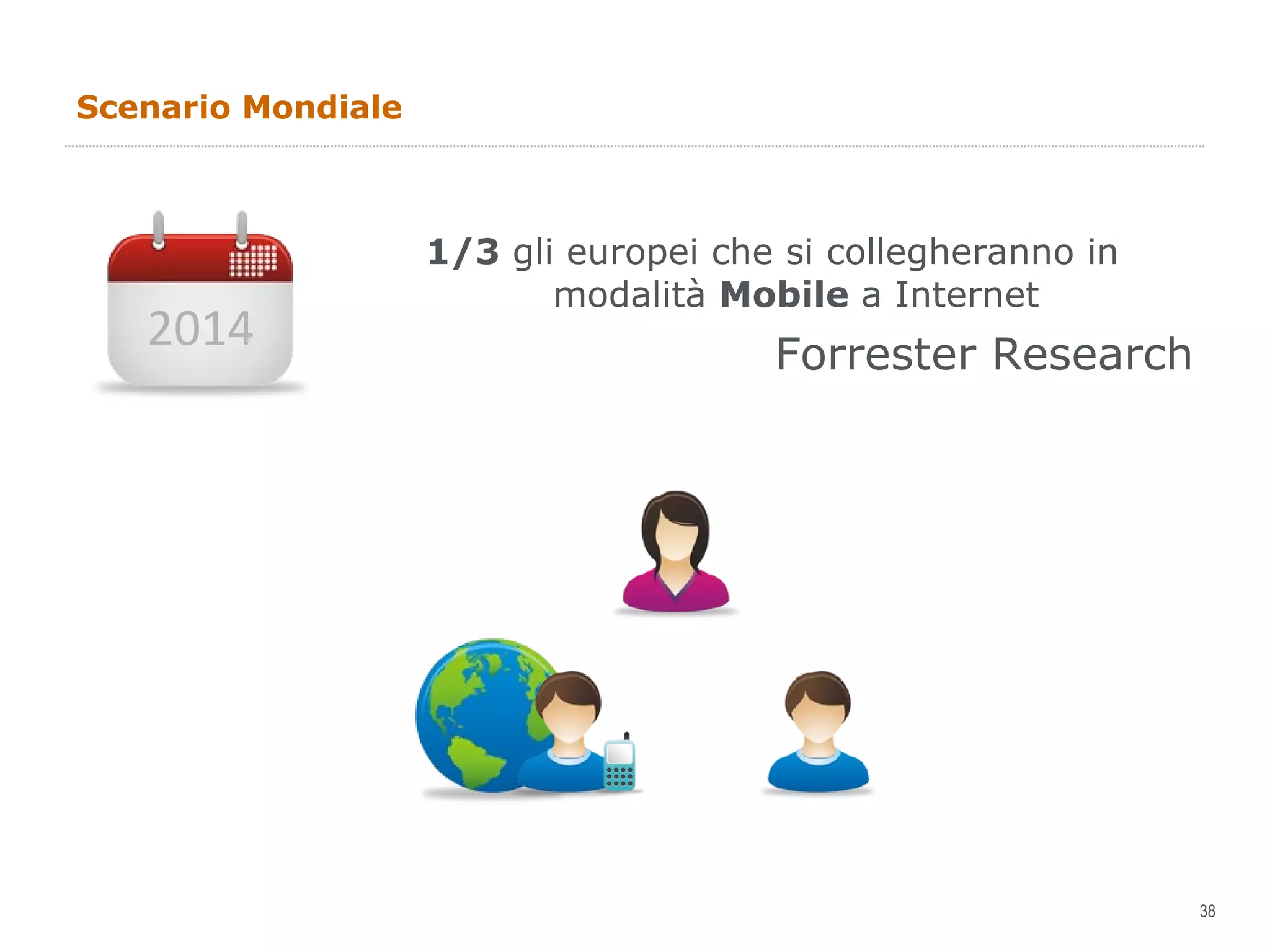 Scenario Mondiale 1/3  gli europei che si collegheranno in modalità  Mobile  a Internet Forrester Research 2014 