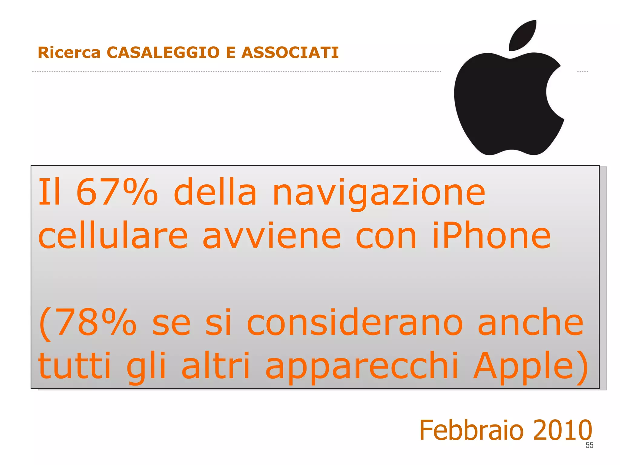 Ricerca CASALEGGIO E ASSOCIATI Il 67% della navigazione  cellulare avviene con iPhone  (78% se si considerano anche tutti gli altri apparecchi Apple) Febbraio 2010 