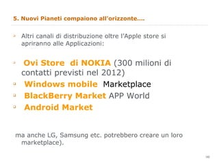 5. Nuovi Pianeti compaiono all’orizzonte…. Altri canali di distribuzione oltre l’Apple store si apriranno alle Applicazioni: Ovi Store  di NOKIA  (300 milioni di contatti previsti nel 2012) Windows mobile  Marketplace BlackBerry Market  APP World Android Market ma anche LG, Samsung etc. potrebbero creare un loro marketplace). 