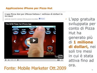 Applicazione iPhone per Pizza Hut L’app gratuita sviluppata per conto di Pizza Hut ha generato più di  1 milione di dollari,  nei soli tre mesi in cui è stata attiva fino ad ora. Fonte: Mobile Marketer Ott.2009 