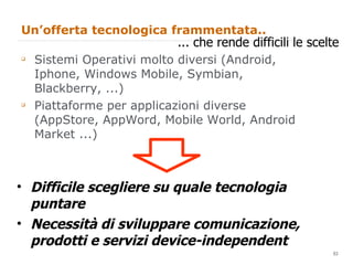Un’offerta tecnologica frammentata.. Sistemi Operativi molto diversi (Android, Iphone, Windows Mobile, Symbian, Blackberry, ...) Piattaforme per applicazioni diverse (AppStore, AppWord, Mobile World, Android Market ...) ... che rende difficili le scelte Difficile scegliere su quale tecnologia puntare Necessità di sviluppare comunicazione, prodotti e servizi device-independent 