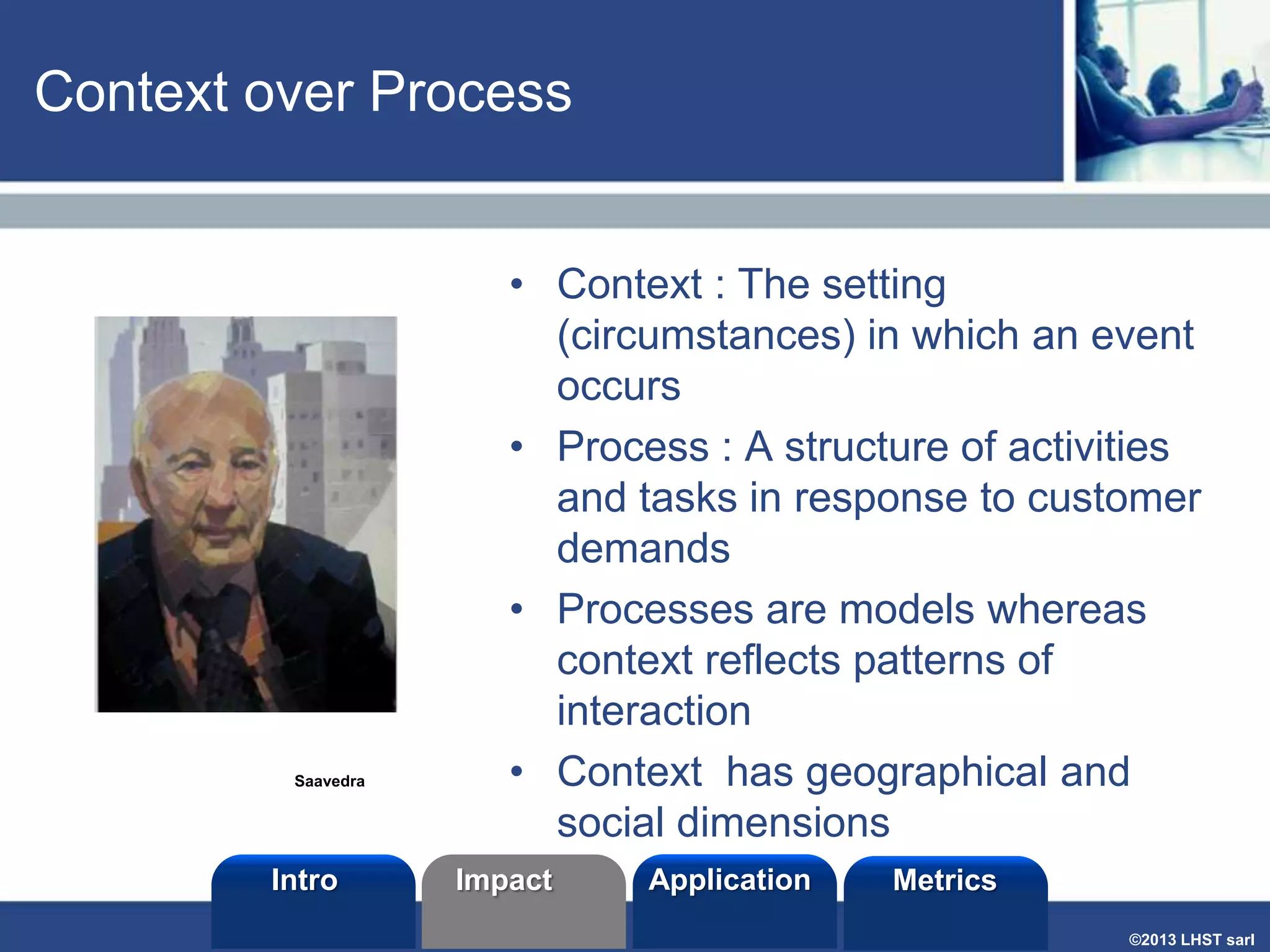 Context over Process

Saavedra

Intro

• Context : The setting
(circumstances) in which an event
occurs
• Process : A structure of activities
and tasks in response to customer
demands
• Processes are models whereas
context reflects patterns of
interaction
• Context has geographical and
social dimensions
Impact

Application

Metrics
©2013 LHST sarl

 