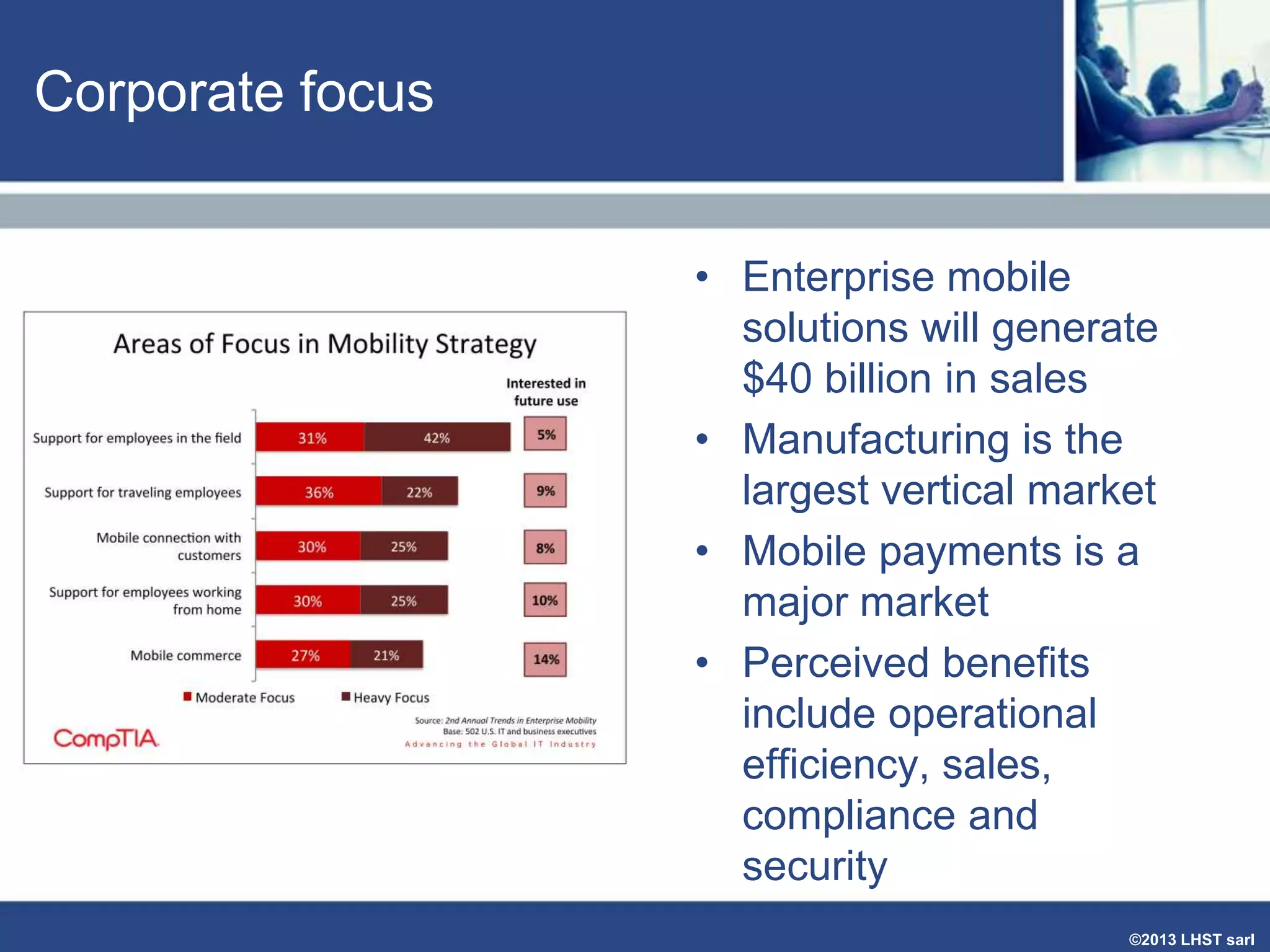 Corporate focus
• Enterprise mobile
solutions will generate
$40 billion in sales
• Manufacturing is the
largest vertical market
• Mobile payments is a
major market
• Perceived benefits
include operational
efficiency, sales,
compliance and
security
©2013 LHST sarl

 
