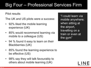 Slide 10
Big Four – Professional Services Firm
Pilot results
The UK and US pilots were a success:
•  92% liked the mobile learning
experience (UK)
•  85% would recommend learning via
mobile to a colleague (US)
•  94 % found it easy to learn on their
Blackberries (UK)
•  85% found the learning experience to
be effective (US)
•  98% say they will talk favourably to
others about mobile learning (UK)
“I could learn via
mobile anywhere;
when sitting at
the airport,
travelling on a
train or even at
the gym”
 