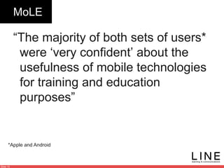 Slide 15
MoLE
“The majority of both sets of users*
were ‘very confident’ about the
usefulness of mobile technologies
for training and education
purposes”
*Apple and Android
 