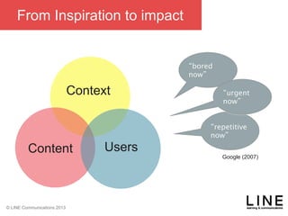 Slide 56 January 2013
© LINE Communications 2013
From Inspiration to impact
Context

Content Users
“bored
now”
“repetitive
now”
“urgent
now”
Google (2007)
 