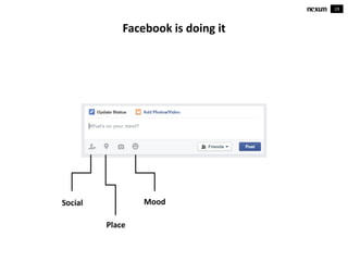 19
Facebook is doing it
Social
Place
Mood
 