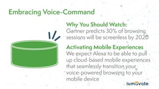 Embracing Voice-Command
Why You Should Watch:
Gartner predicts 30% of browsing
sessions will be screenless by 2020
Activating Mobile Experiences
We expect Alexa to be able to pull
up cloud-based mobile experiences
that seamlessly transition your
voice-powered browsing to your
mobile device
 