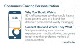 Consumers Craving Personalization
Why You Should Watch:
83% of consumers say they would have a
more positive view of a brand that
delivered personalized loyalty messaging
Connect How and Where They Want
Start personalizing your customer
experience on mobile, allowing customers
to opt-in to their preferred method of
communication
4:56
 