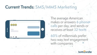 The average American
makes or answers 6 phone
calls per day, and sends or
receives at least 32 texts
60% of millennials prefer
two-way text engagement
with companies
Current Trends: SMS/MMS Marketing
 