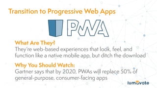 Transition to Progressive Web Apps
What Are They?
They’re web-based experiences that look, feel, and
function like a native mobile app, but ditch the download
Why You Should Watch:
Gartner says that by 2020, PWAs will replace 50% of
general-purpose, consumer-facing apps
 