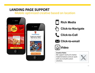 LANDING PAGE SUPPORT
Mobile optimized creative based on location
14
Rich Media
Click-to-Navigate
Click-to-Call
Click-to-email
Video
Creative Notes
We support nearly all creative 
implementations and can work 
with you to build custom 
solutions.
 