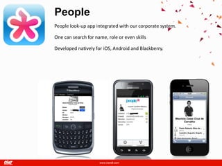 People
People look-up app integrated with our corporate system.

One can search for name, role or even skills

Developed natively for iOS, Android and Blackberry.
 