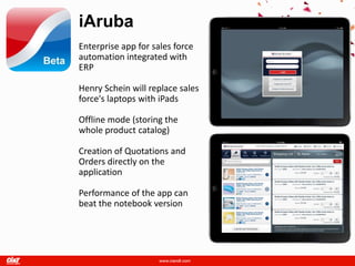iAruba
Enterprise app for sales force
automation integrated with
ERP

Henry Schein will replace sales
force's laptops with iPads

Offline mode (storing the
whole product catalog)

Creation of Quotations and
Orders directly on the
application

Performance of the app can
beat the notebook version
 