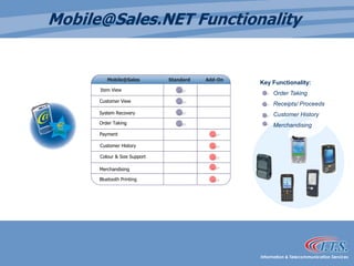 Mobile@Sales.NET FunctionalityKey Functionality:        Order Taking        Receipts/ Proceeds        Customer History        Merchandising