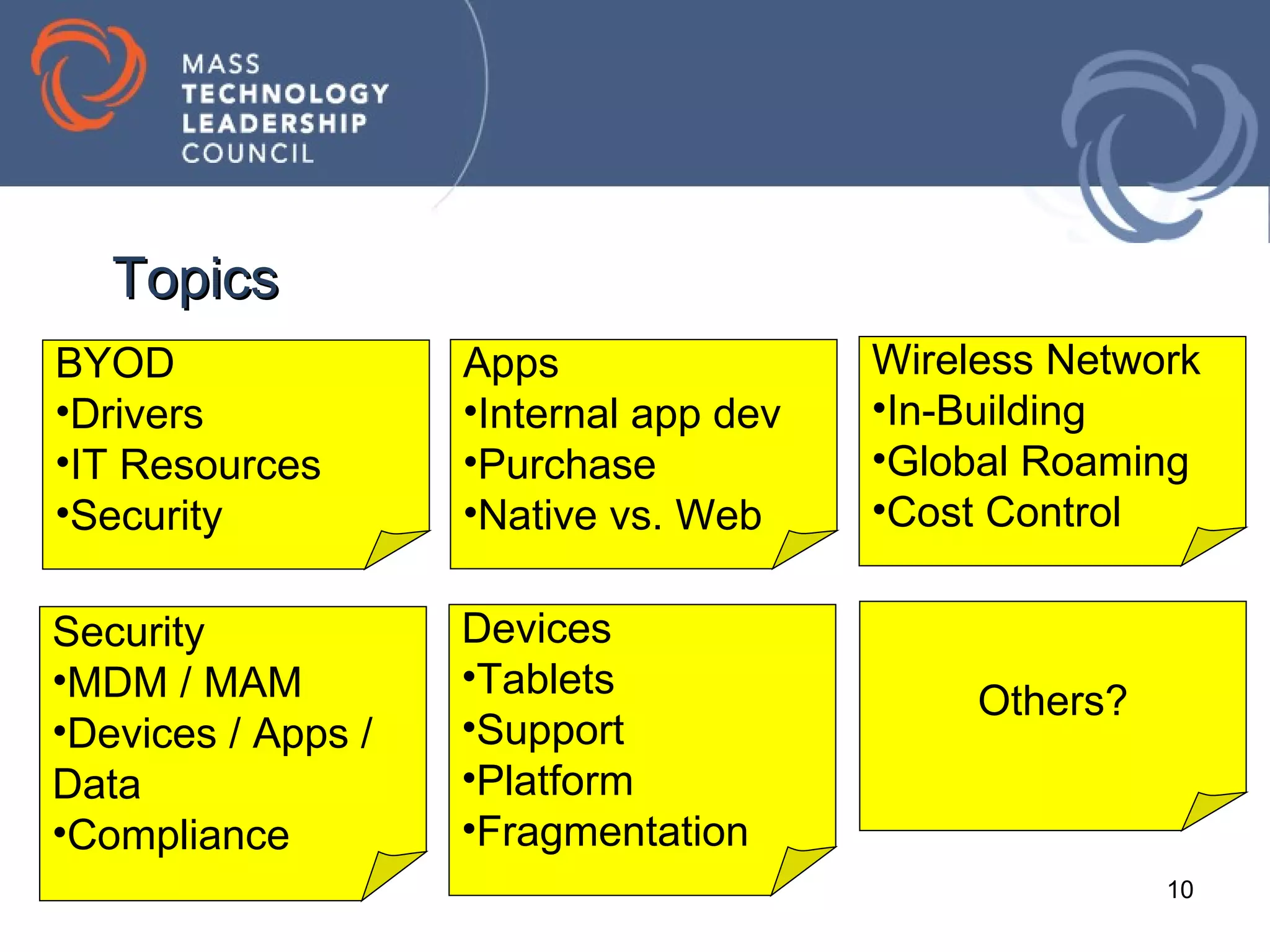 Topics
BYOD                Apps                Wireless Network
•Drivers            •Internal app dev   •In-Building
•IT Resources       •Purchase           •Global Roaming
•Security           •Native vs. Web     •Cost Control

Security            Devices
•MDM / MAM          •Tablets
                                             Others?
•Devices / Apps /   •Support
Data                •Platform
•Compliance         •Fragmentation
                                                       10
 