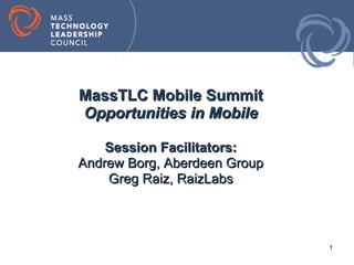MassTLC Mobile Summit
Opportunities in Mobile

    Session Facilitators:
Andrew Borg, Aberdeen Group
    Greg Raiz, RaizLabs



                              1
 