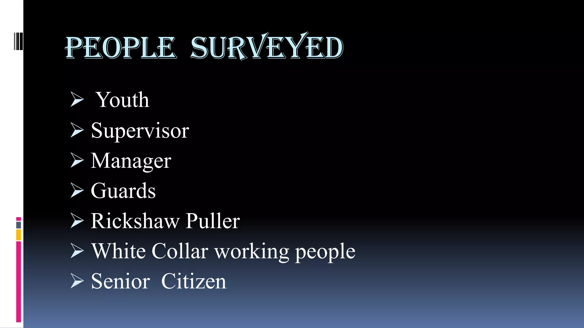 People Surveyed
 Youth
 Supervisor
 Manager
 Guards
 Rickshaw Puller
 White Collar working people
 Senior Citizen
 