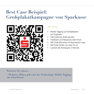 Best Case Beispiel:
Großplakatkampagne von Sparkasse
                                    Key facts:

                                    •   Mobile Tagging auf Großplakaten
                                        am Flughafen
                                    •   Informationen direkt abrufen
                                    •   Feedback und Response über Email
                                    •   QR-Code Branding mit Sparkassen Logo
                                    •   QR-Code Größe von über 45 cm
                                    •   Laufzeit der Kampagne: 3 Monate




Wussten Sie schon ...
...Websites öffnen geht mit der Technologie Mobile Tagging
am schnellsten!



  Copyright © Tagnition.de                                   Mobile Tagging   09/10
 
