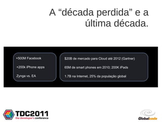 A “década perdida” e a
                           última década.


+500M Facebook         $20B de mercado para Cloud até 2012 (Gartner)

+200k iPhone apps      65M de smart phones em 2010; 200K iPads

Zynga vs. EA           1.7B na Internet, 25% da população global
 