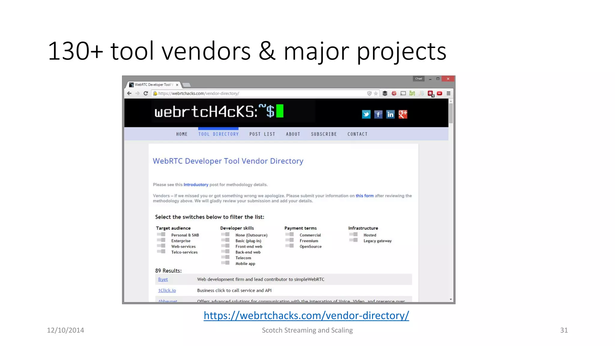 130+ tool vendors & major projects
https://webrtchacks.com/vendor-directory/
12/10/2014 Scotch Streaming and Scaling 31
 