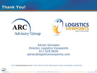 15
© ARC Advisory Group
Thank You!
Adrian Gonzalez
Director, Logistics Viewpoints
617.529.9639
adrian@logisticsviewpoints.com
Go to LogisticsViewpoints.com to stay informed of the latest logistics trends, technologies, and services
 