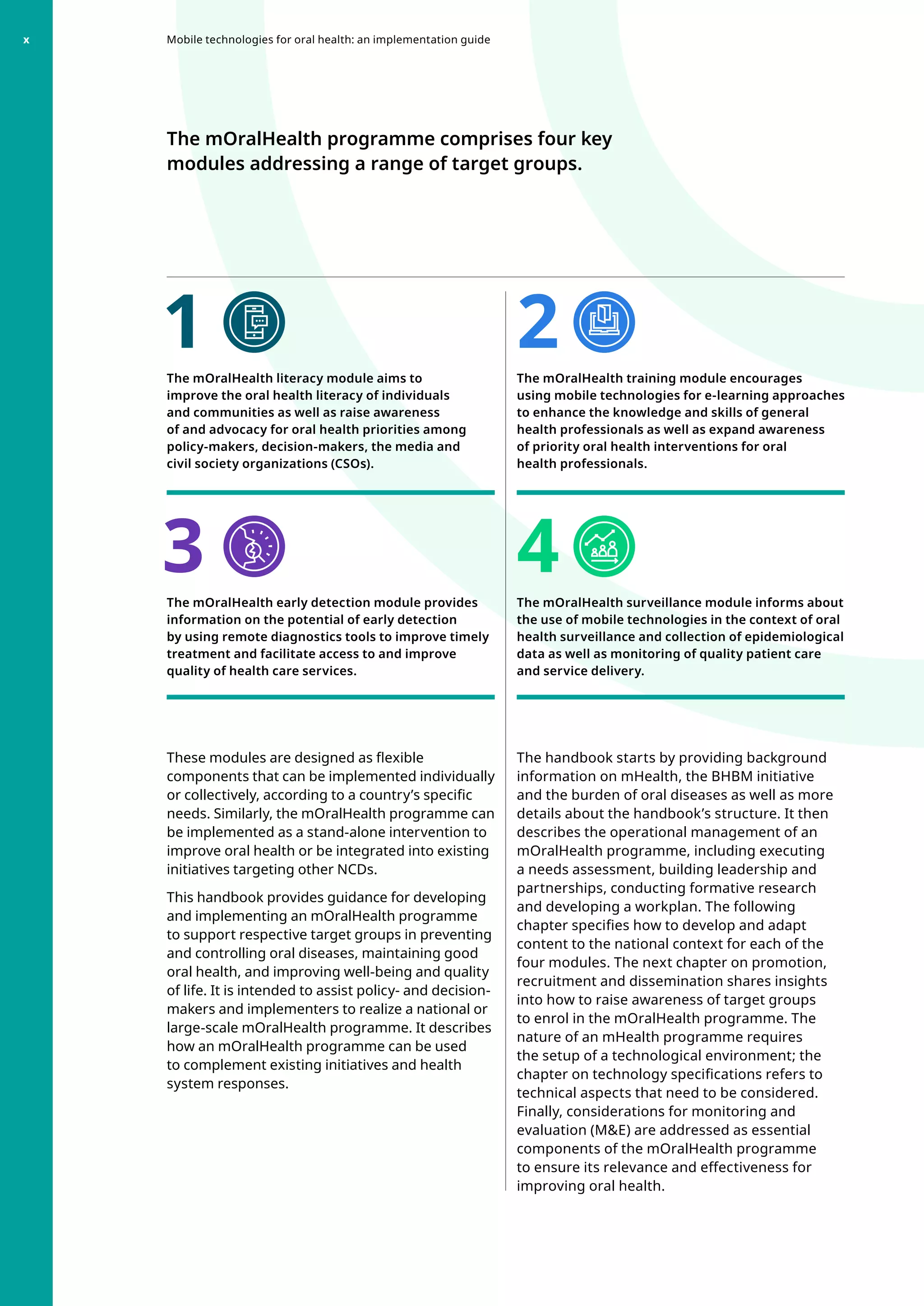 The mOralHealth programme comprises four key
modules addressing a range of target groups.
The mOralHealth literacy module aims to
improve the oral health literacy of individuals
and communities as well as raise awareness
of and advocacy for oral health priorities among
policy-makers, decision-makers, the media and
civil society organizations (CSOs).
The mOralHealth early detection module provides
information on the potential of early detection
by using remote diagnostics tools to improve timely
treatment and facilitate access to and improve
quality of health care services.
These modules are designed as flexible
components that can be implemented individually
or collectively, according to a country’s specific
needs. Similarly, the mOralHealth programme can
be implemented as a stand-alone intervention to
improve oral health or be integrated into existing
initiatives targeting other NCDs.
This handbook provides guidance for developing
and implementing an mOralHealth programme
to support respective target groups in preventing
and controlling oral diseases, maintaining good
oral health, and improving well-being and quality
of life. It is intended to assist policy- and decision-
makers and implementers to realize a national or
large-scale mOralHealth programme. It describes
how an mOralHealth programme can be used
to complement existing initiatives and health
system responses.
The handbook starts by providing background
information on mHealth, the BHBM initiative
and the burden of oral diseases as well as more
details about the handbook’s structure. It then
describes the operational management of an
mOralHealth programme, including executing
a needs assessment, building leadership and
partnerships, conducting formative research
and developing a workplan. The following
chapter specifies how to develop and adapt
content to the national context for each of the
four modules. The next chapter on promotion,
recruitment and dissemination shares insights
into how to raise awareness of target groups
to enrol in the mOralHealth programme. The
nature of an mHealth programme requires
the setup of a technological environment; the
chapter on technology specifications refers to
technical aspects that need to be considered.
Finally, considerations for monitoring and
evaluation (ME) are addressed as essential
components of the mOralHealth programme
to ensure its relevance and effectiveness for
improving oral health.

The mOralHealth training module encourages
using mobile technologies for e-learning approaches
to enhance the knowledge and skills of general
health professionals as well as expand awareness
of priority oral health interventions for oral
health professionals.
The mOralHealth surveillance module informs about
the use of mobile technologies in the context of oral
health surveillance and collection of epidemiological
data as well as monitoring of quality patient care
and service delivery.
1
3
2
4
Mobile technologies for oral health: an implementation guide
x
 