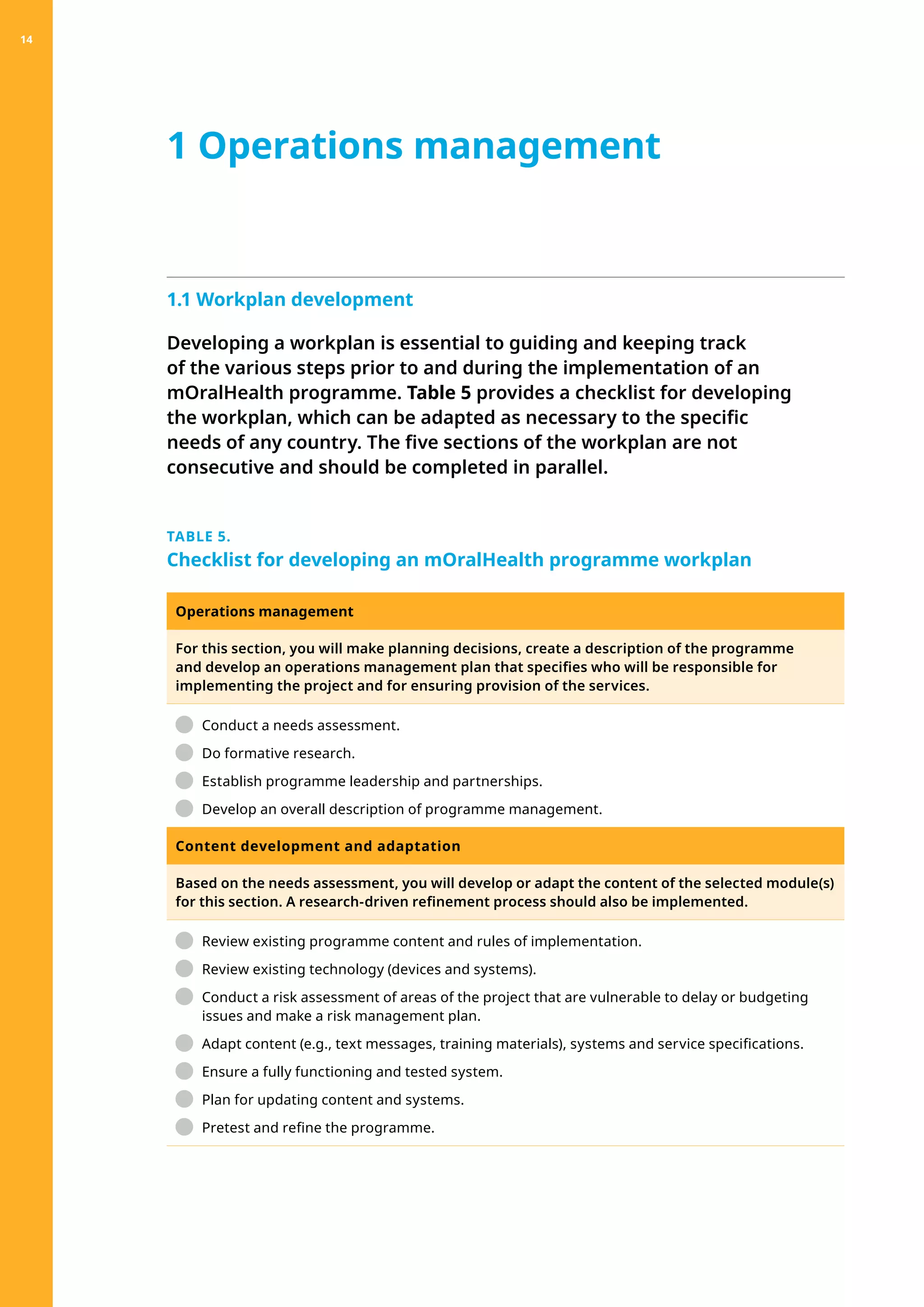 1.1 Workplan development
Developing a workplan is essential to guiding and keeping track
of the various steps prior to and during the implementation of an
mOralHealth programme. Table 5 provides a checklist for developing
the workplan, which can be adapted as necessary to the specific
needs of any country. The five sections of the workplan are not
consecutive and should be completed in parallel.
1 Operations management
TABLE 5.
Checklist for developing an mOralHealth programme workplan
Operations management
For this section, you will make planning decisions, create a description of the programme
and develop an operations management plan that specifies who will be responsible for
implementing the project and for ensuring provision of the services.
	 Conduct a needs assessment.
	 Do formative research.
	 Establish programme leadership and partnerships.
	 Develop an overall description of programme management.
Content development and adaptation
Based on the needs assessment, you will develop or adapt the content of the selected module(s)
for this section. A research-driven refinement process should also be implemented.	
	 Review existing programme content and rules of implementation.
	 Review existing technology (devices and systems).
	 
Conduct a risk assessment of areas of the project that are vulnerable to delay or budgeting
issues and make a risk management plan.
	 Adapt content (e.g., text messages, training materials), systems and service specifications.
	 Ensure a fully functioning and tested system.
	 Plan for updating content and systems.
	 Pretest and refine the programme.
14
 