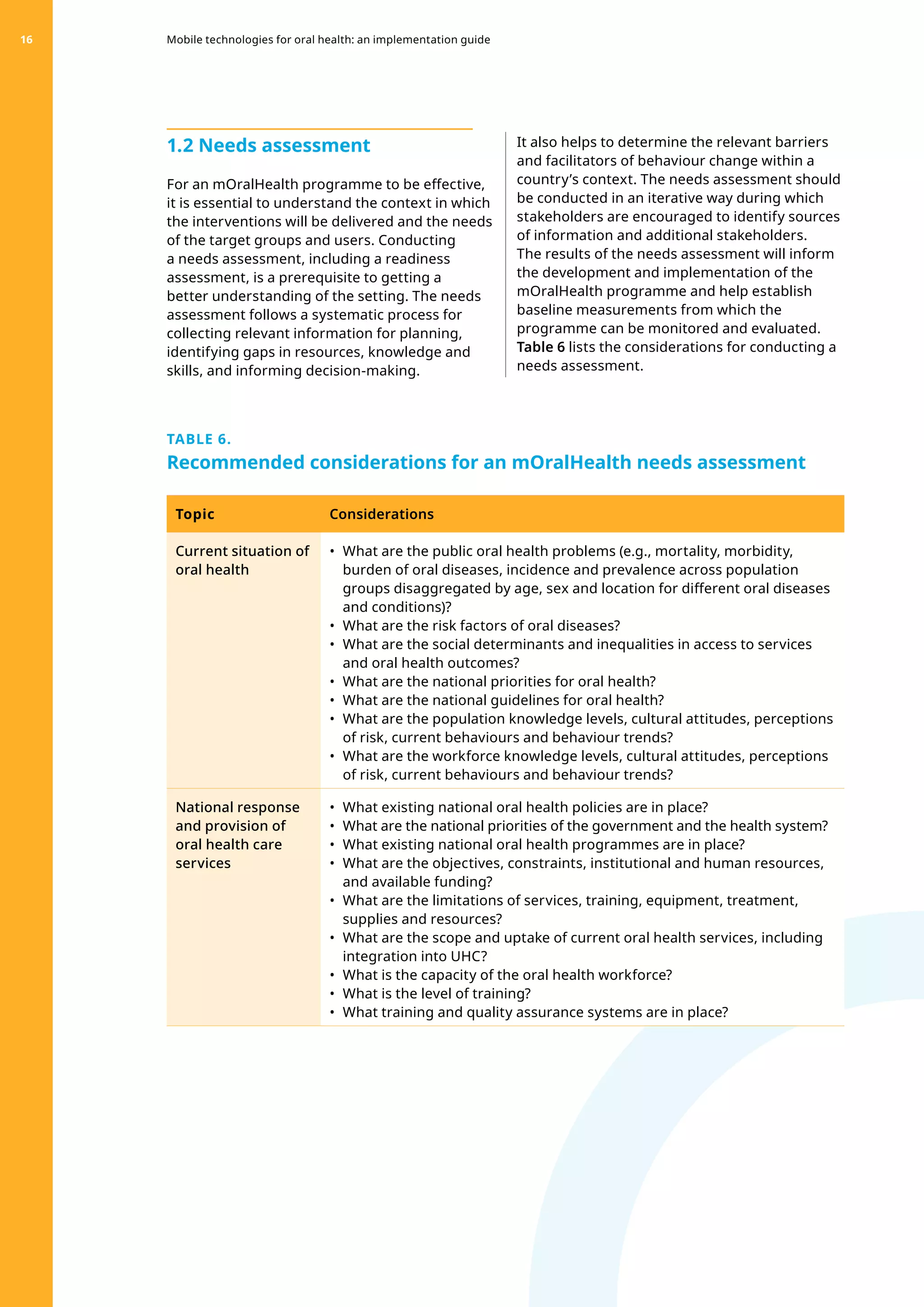 1.2 Needs assessment
For an mOralHealth programme to be effective,
it is essential to understand the context in which
the interventions will be delivered and the needs
of the target groups and users. Conducting
a needs assessment, including a readiness
assessment, is a prerequisite to getting a
better understanding of the setting. The needs
assessment follows a systematic process for
collecting relevant information for planning,
identifying gaps in resources, knowledge and
skills, and informing decision-making.
It also helps to determine the relevant barriers
and facilitators of behaviour change within a
country’s context. The needs assessment should
be conducted in an iterative way during which
stakeholders are encouraged to identify sources
of information and additional stakeholders.
The results of the needs assessment will inform
the development and implementation of the
mOralHealth programme and help establish
baseline measurements from which the
programme can be monitored and evaluated.
Table 6 lists the considerations for conducting a
needs assessment.
TABLE 6.
Recommended considerations for an mOralHealth needs assessment
Topic Considerations
Current situation of
oral health
•	 What are the public oral health problems (e.g., mortality, morbidity,
burden of oral diseases, incidence and prevalence across population
groups disaggregated by age, sex and location for different oral diseases
and conditions)?
•	 What are the risk factors of oral diseases?
•	 What are the social determinants and inequalities in access to services
and oral health outcomes?
•	 What are the national priorities for oral health?
•	 What are the national guidelines for oral health?
•	 What are the population knowledge levels, cultural attitudes, perceptions
of risk, current behaviours and behaviour trends?
•	 What are the workforce knowledge levels, cultural attitudes, perceptions
of risk, current behaviours and behaviour trends?
National response
and provision of
oral health care
services
•	 What existing national oral health policies are in place?
•	 What are the national priorities of the government and the health system?
•	 What existing national oral health programmes are in place?
•	 What are the objectives, constraints, institutional and human resources,
and available funding?
•	 What are the limitations of services, training, equipment, treatment,
supplies and resources?
•	 What are the scope and uptake of current oral health services, including
integration into UHC?
•	 What is the capacity of the oral health workforce?
•	 What is the level of training?
•	 What training and quality assurance systems are in place?
Mobile technologies for oral health: an implementation guide
16
 