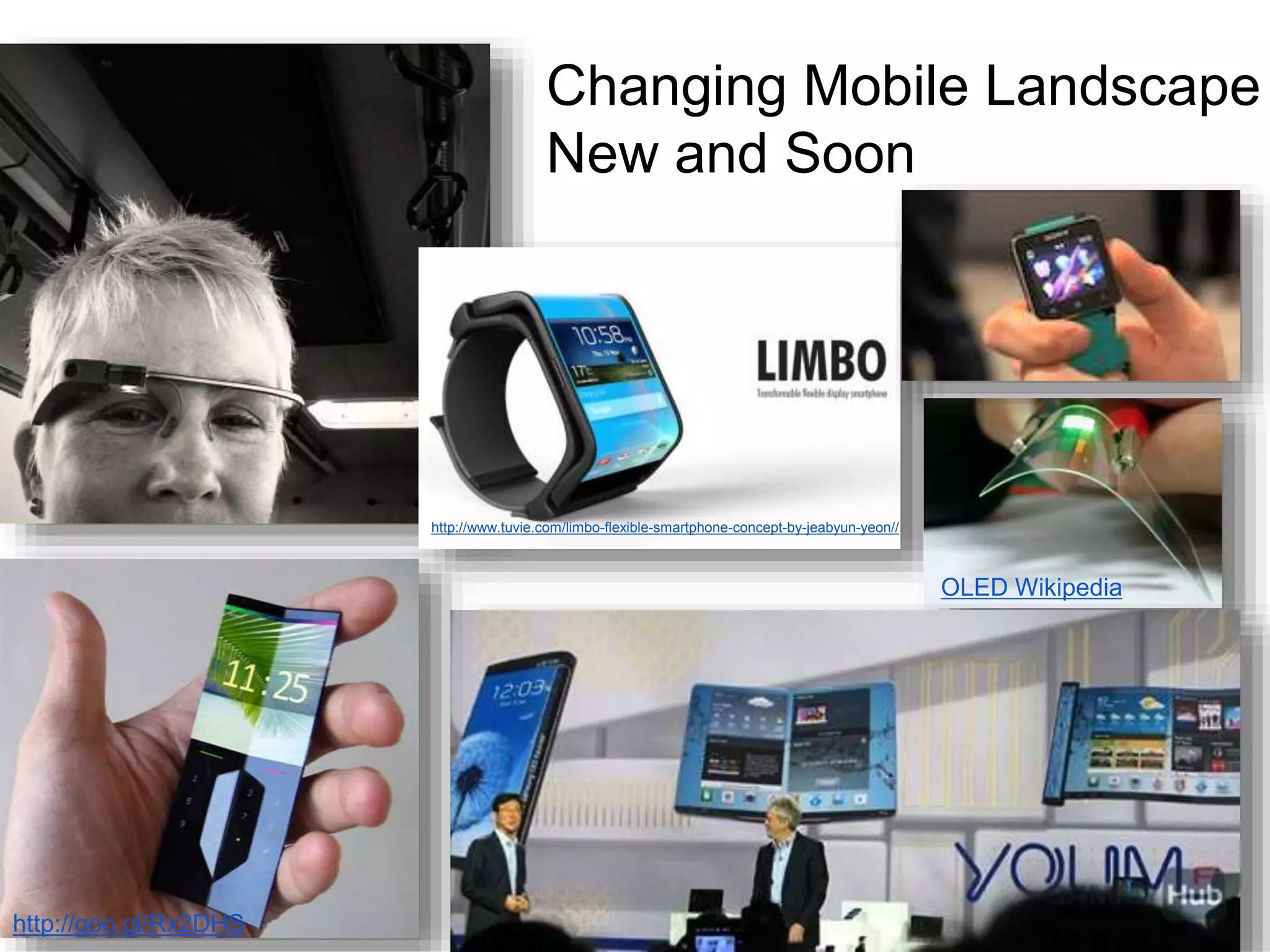 Changing Mobile Landscape
New and Soon
http://www.tuvie.com/limbo-flexible-smartphone-concept-by-jeabyun-yeon//
OLED Wikipedia
http://goo.gl/Rx2DHS