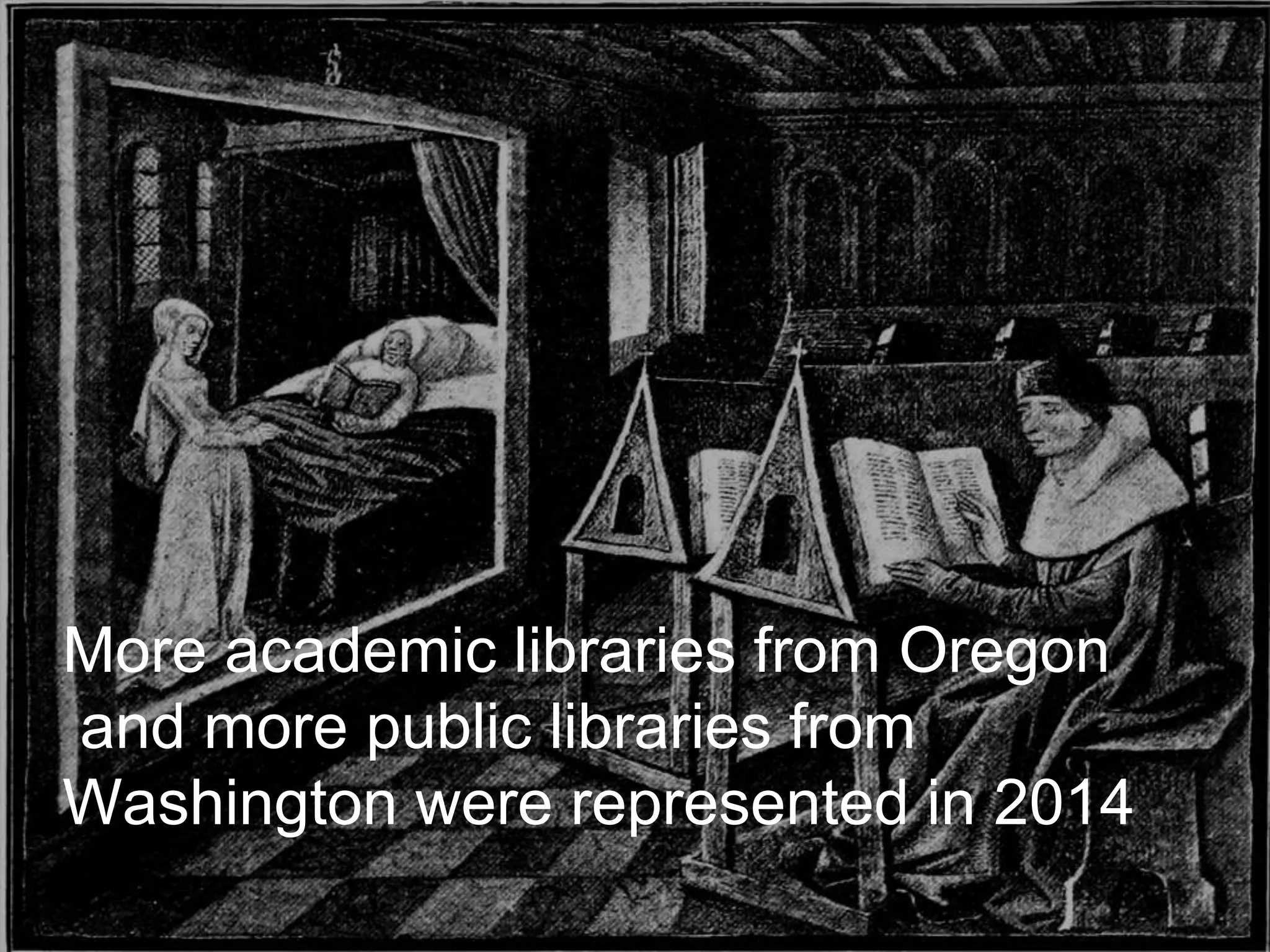 More academic libraries from Oregon
and more public libraries from
Washington were represented in 2014