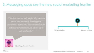 3. Messaging apps are the new social marketing frontier
Giffard Hogge, Innovation Executive
“Chatbots are not only useful, they are also
smart and constantly learning from
interactions with users. This means that the
responses for consumers are always up to
date and useful” Mass adoptionEarly adoption
December 16Confidential and copyright of Somo Custom Ltd. 14
 