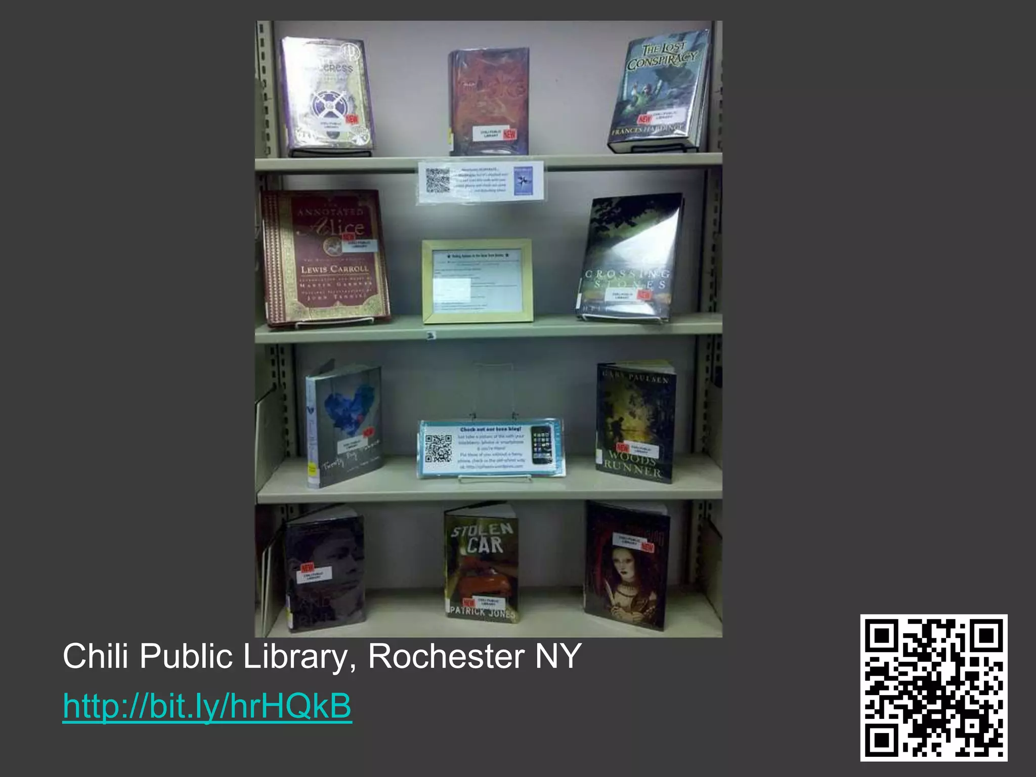 Free generators, such as KaywaYA QR code applicationsWebsite      Library catalog            Teen Blog		 Author’s Blog		     YouTubeMobile Texting	Text a librarianStatic text     Call number            Author information                  Shelving locationTweet    Recommend to a friend