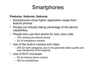 Smartphones
Features, features, features
• Smartphones show higher application usage than
feature phones
• People are actually taking advantage of the device
capabilities.
• People who use their phone for only voice calls
– 14% among new feature phone
– 3% of smartphone owners.
• Use of the built-in camera and video
– 20% for both categories, due to the generally better quality and
user friendliness of the features.
• Use of Wi-Fi increases
– 5% for feature phone owners
– 50% for smartphone
 
