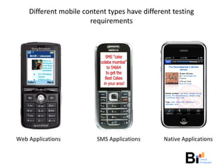Different mobile content types have different testing requirements Web Applications  SMS Applications  Native Applications 