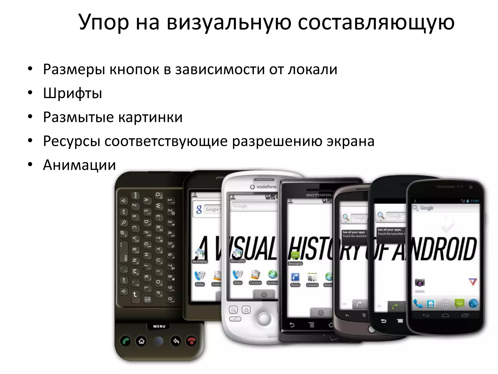 Упор на визуальную составляющую
•
•
•
•
•

Размеры кнопок в зависимости от локали
Шрифты
Размытые картинки
Ресурсы соответствующие разрешению экрана
Анимации

 